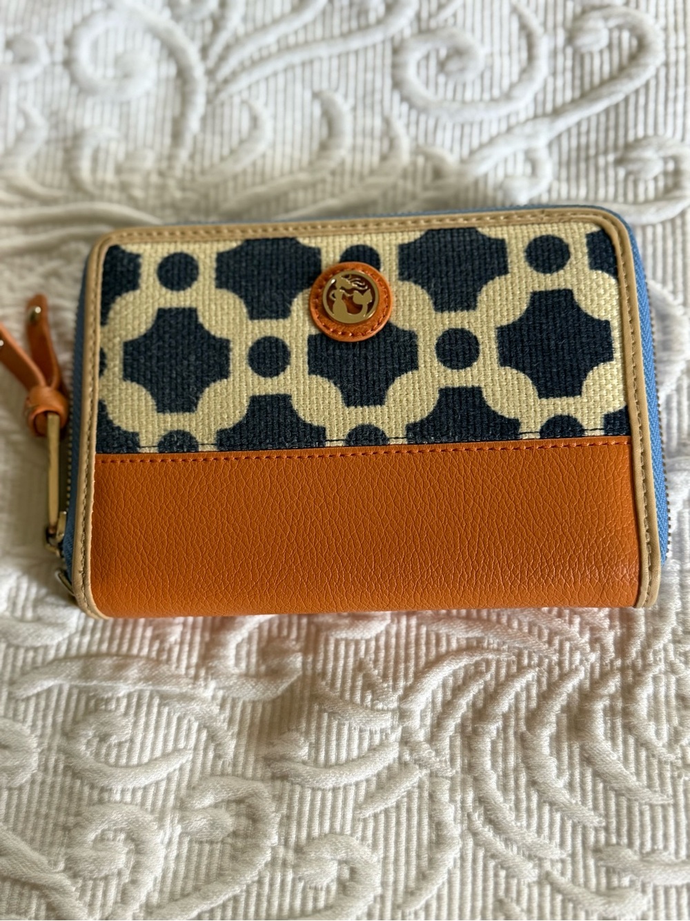 Spartina Canvas and Leather Zip Wallet Navy, Cream & Tan Small